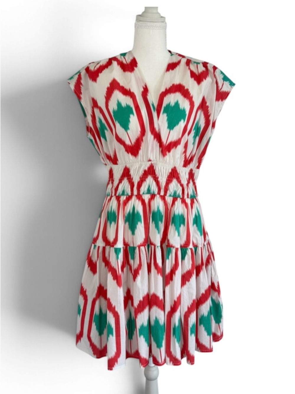 Oliphant Red & Green Printed V-Neck Tiered Mini Dress